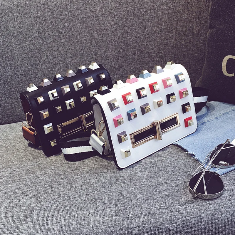 New Women Mini Small Leather Bags Fashion Color Block Lady Messenger Bag Rivets Shoulder Bag Female