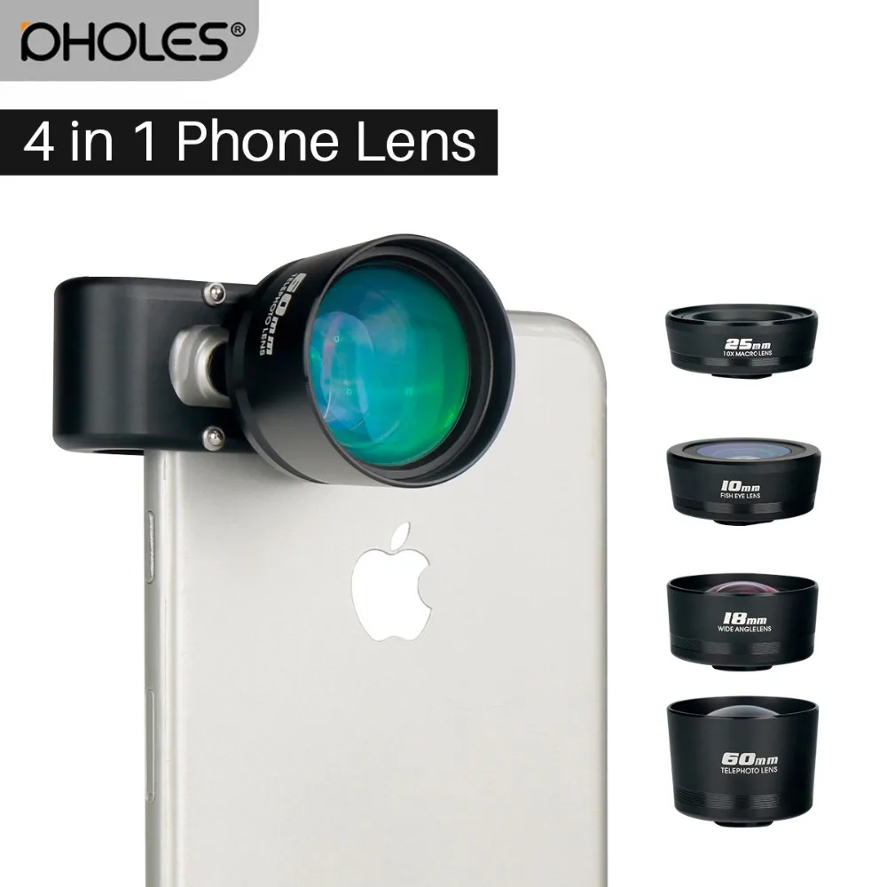 Pholes 4 in 1 0.6X Wide Angle Fisheye Phone Lens Zoom Camera Telephoto 10X Macro Mobile for iPhone X 8 7 Plus Samsung S8 S7 |
