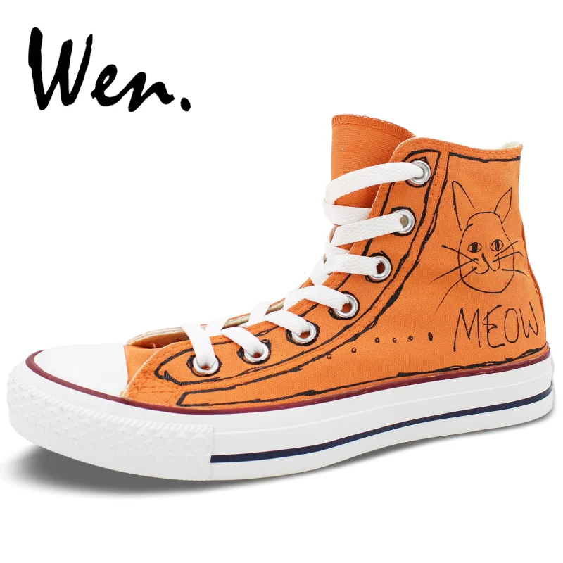 ون اليد رسمت أحذية تزلج رياضية الكرتون القط مواء تصميم مخصص عالية أعلى للجنسين المحمولة قماش أحذية رياضية Plimsolls