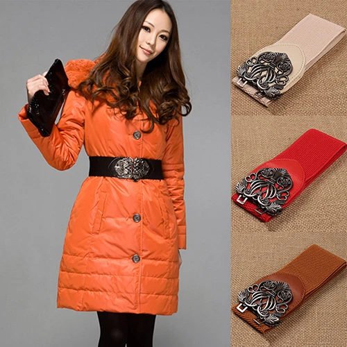 

Women Retro Adjustable Flower Elastic Stretch Buckle Wide Waist Belt Waistband