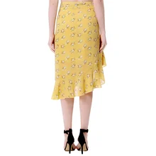 Новинка года Ретро Миди-юбки Для женщин цветочный шифоновая юбка асимметричной оборкой Высокая талия юбка боковой молнии Женская юбка желтый