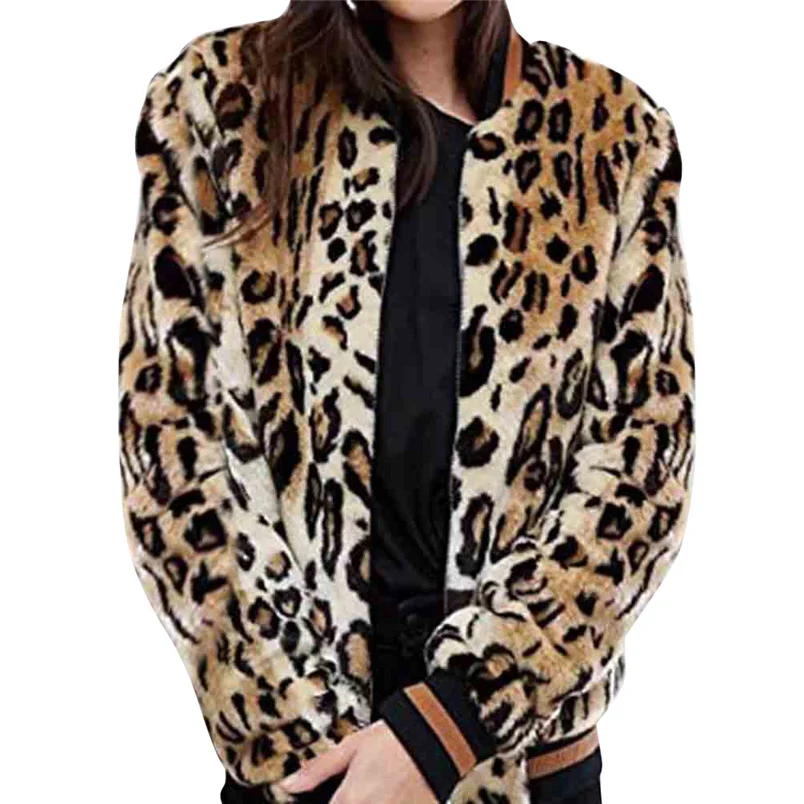 Fashion Womans Autumn Leopard Print Coat Thick Fur Collar Coat Faux Fur Zipper Pocket Outwear Casual Cardigan Jacket F#S25 (9) - 
