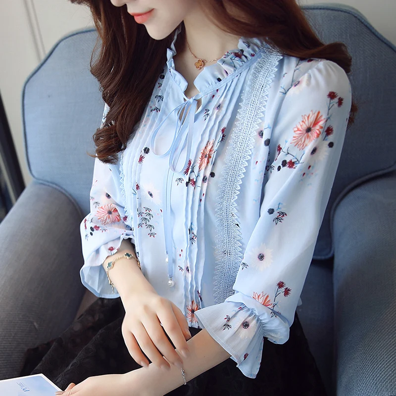 Elegant chiffon blouses women Ruffled Collar long Sleeve