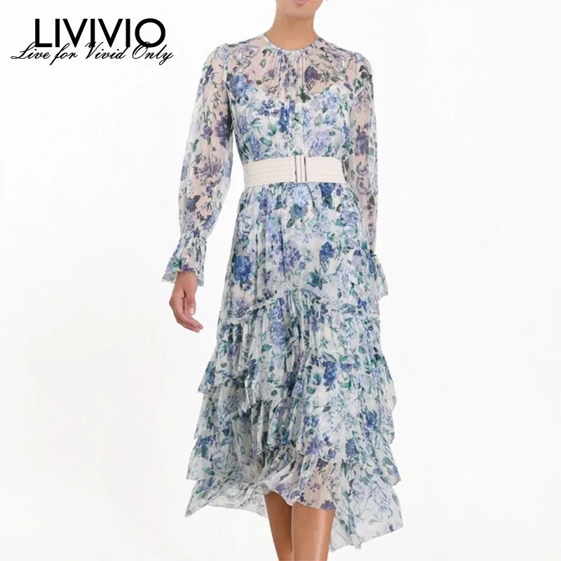 

[LIVIVIO] Elegant Print Women Dress O Neck Flare Sleeve High Waist Ruffles Asymmetrical Dresses Female Summer 2019 New