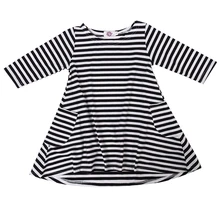 2016 Baby Girl Autumn Dress Loose Long Sleeve Casual Stripe Black and White With Pockets For Kids