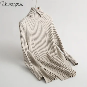 

Women Winter 2019 Long Sleeve High-Neck Slit Casual Sweaters Pullovers Woman Pull Femme Jumper Knitted Sweater