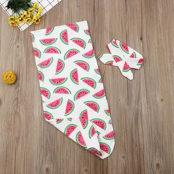 

2 Pcs/set Baby Sleeping Bag Headband Set Watermelon Print Cute Infant Anti-kick Swaddle Wrap Headbands Newborn Photography Props