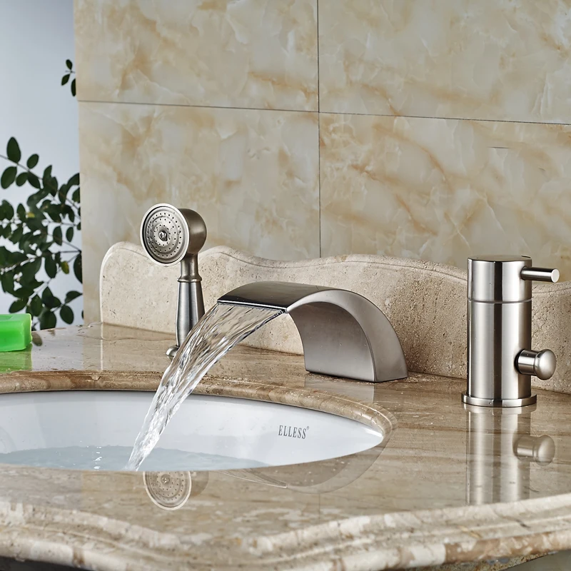 

Brushed Nickel Bath Faucet Pull Out Hand Shower Deck Mount 3pcs Waterfall Tub Mixer Taps