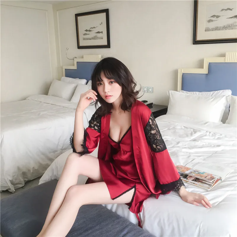 

Sexy Kimono Robe Sets Lace Nightie 2018 Spring Summer Dressing Gowns for Women Bathrobe Sleepwear Mini Dress Black Red Plus Size