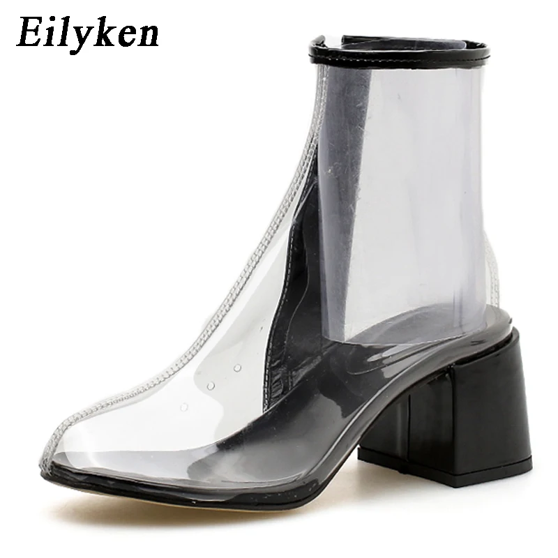 

Eilyken 2019 New PVC Transparent Boots Chunky Heel Fashion Designer Round Toe Ankle Booties Shoes Square Toe Ladies Shoes