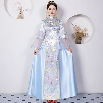 

Nevolty Light Blue Women Marriage Qipao Chinese Retro Cheongsam Mesh Sleeve Tang Suit Elegant Bride Wedding Party Dress