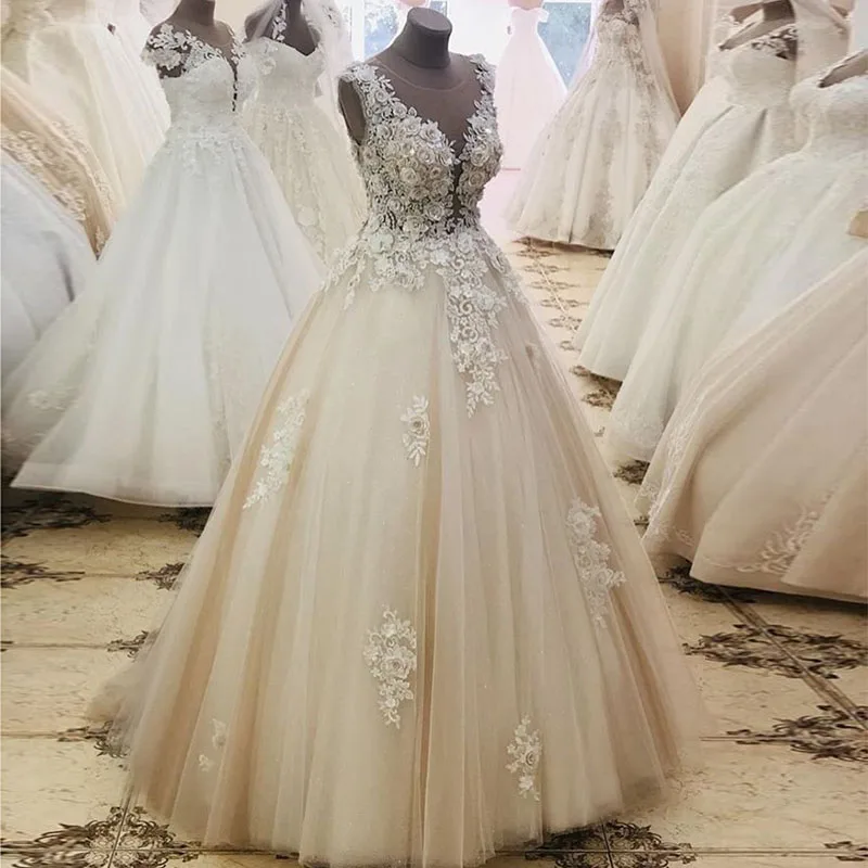 

Elegant Princess Ball Gown Illusion Bodice Wedding Dress Full Length Bridal Gowns Long vestidos de novia 2019 Robe de mariee New