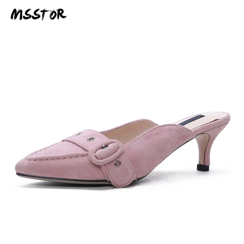 

MSSTOR Pointed Toe Womens Slippers Outdoor Sexy Fashion Pink Rivet Buckle Women Slippers Summer Kid Suede Mules Shoes Women