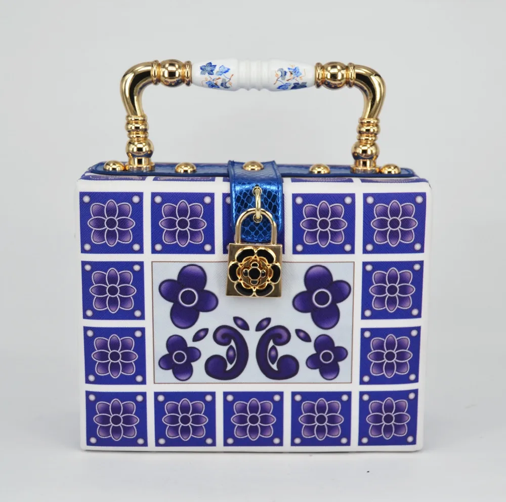 

Fashion Brand Designer Blue printing ceramic handle women's handbag Blue shoulder bags Candy purse Feast Tote Evening Bag z803