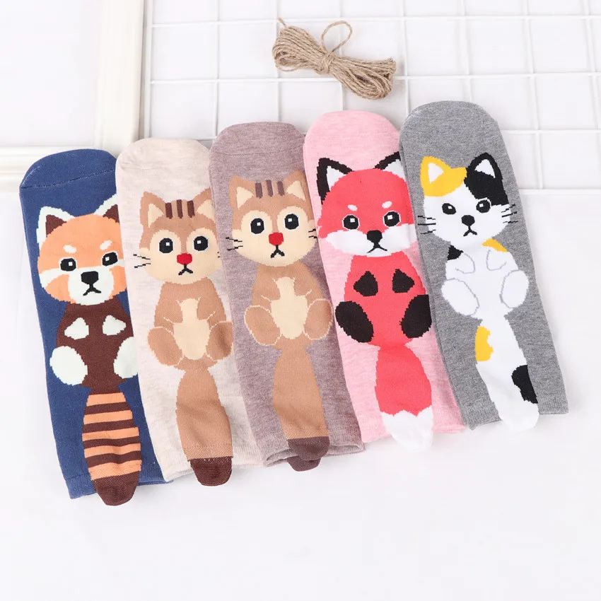PEONFLY Autumn Fashion Women Cartoon Animal Ear Cotton Short Socks Printing Funny Cat Fox Squirrel Pattern Female Socks Hosiery