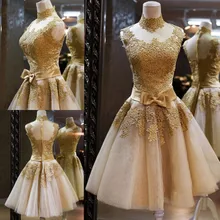Real Sample Bild vintage Gold eine Linie Prinzessin High Neck mit Vorder Bogen Tulle Short Mini Prom Cocktailkleider JW099