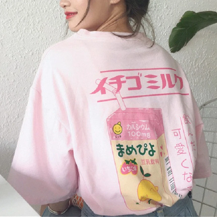 

Tops for women summer Japanese milk-printing letter cute fresh simple soft cotton preppy style Half sleeve female t-shirt Pink