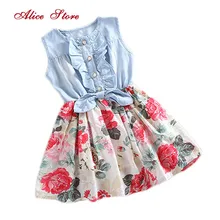 Платье для девочек милое популярное джинсовое гофрированное платье с бантом и цветами сарафан костюм