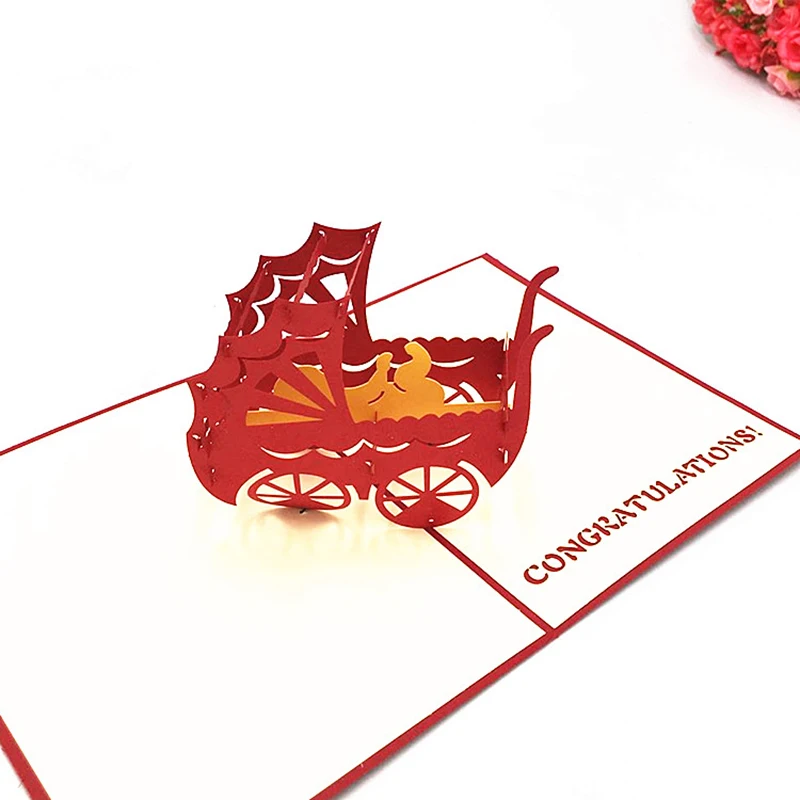 1pcs Laser Cut baby Stroller 3D Pop Up Greeting Cards With Envelope Postcard Invitation Kids Newborn Baby Shower Party Supplies