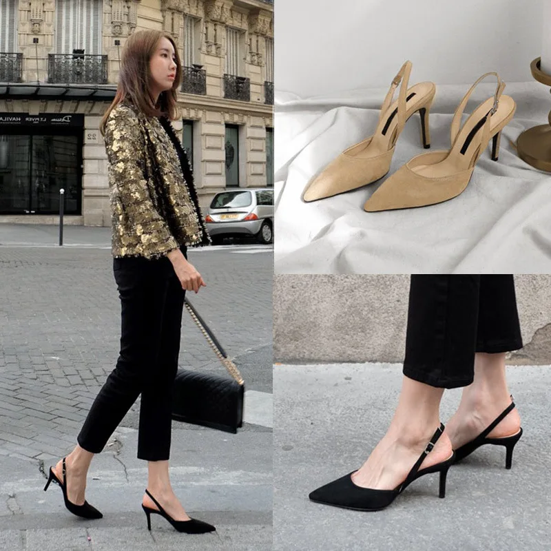 2019 Women Pumps buckle Office Lady Thin Heel Solid Pointed Toe Princess Style Slingback Fashion Nude Shoe sandals