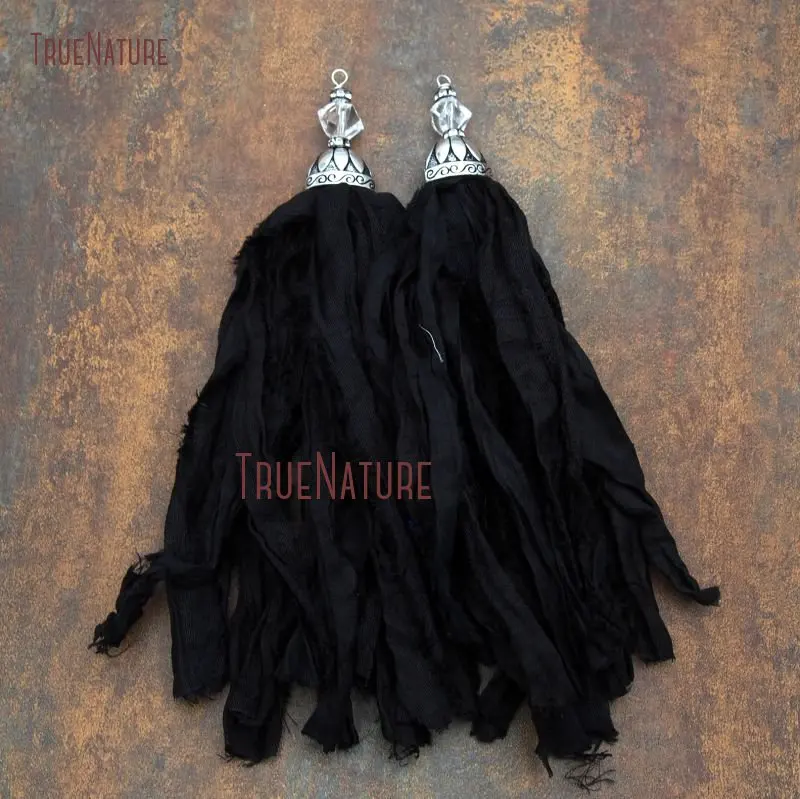 20171116-PT7909- Black Sari Silk Tassel Antique Silver-6.8inch-13.5g