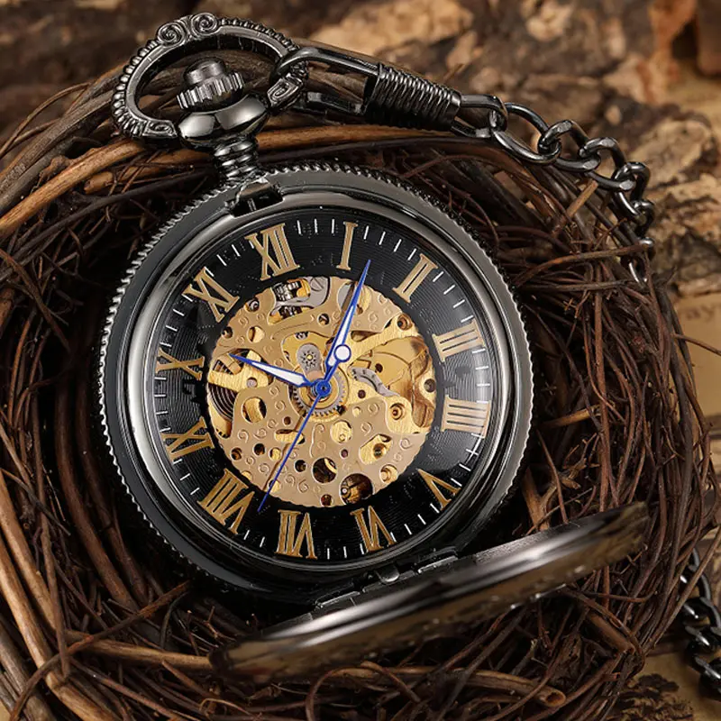 Винтажные полые гравированные ручной Ветер механические карманные мужские часы с изображением скелета черный стимпанк шейный брелок унисекс Подвеска для часов подарок
