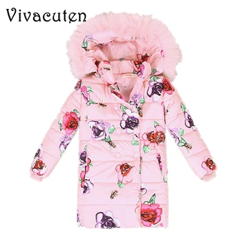 

2018 Girls Winter Fur Hooded Coat Children Jackets Teens Cotton Flower Print Parkas Kids Winter Outerwear Thicken Warm Clothes
