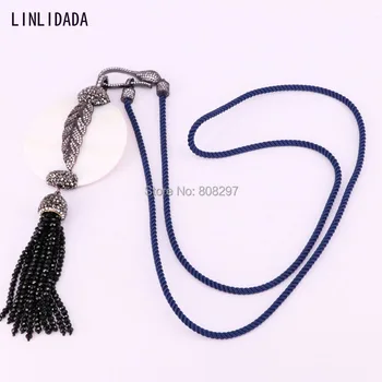 

3Pcs Micro Pave CZ Leaf Charms Round Shell Pendant with Black Crystal Tassel,Rope Long Necklaces For Women Fashion Jewelry