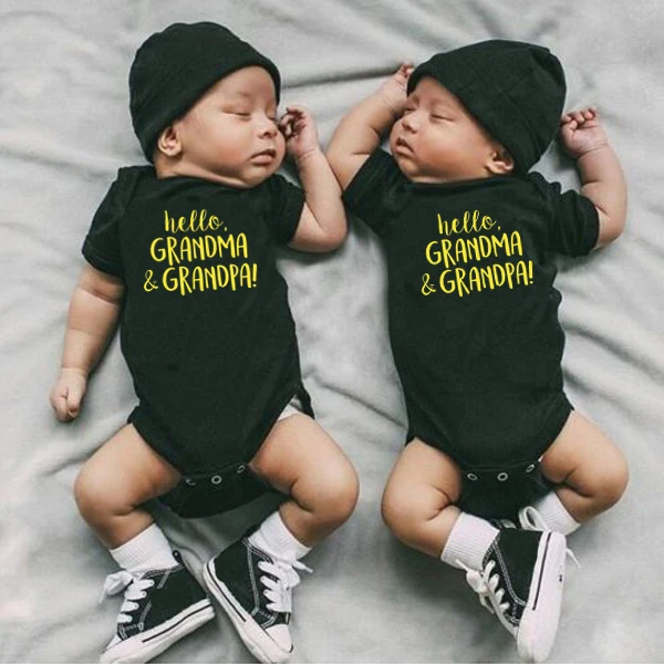 

Hello Grandma Grandpa Funny Infant Baby Bodysuit Short Sleeves Cotton Cute Printing Twins Baby Clothes Body for Newborns