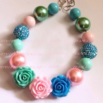 

10pcs Pink&Blue&Green beads with 3 rose flower chunky bubblegum necklace girl chunky necklaceCB593