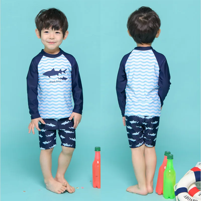 Billig Marke Baby Jungen Badeanzug Zwei Stück Rash Guard Badehose Set Langarm Shark Print Blau Kinder Bademode Schwimmen Badeanzüge