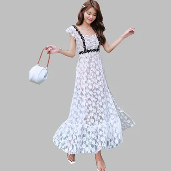 

Summer Designer Lace Party Dress 2019 Runway Women Sexy Backless Bow Hollow Out Dress Vintage Beading Floral 3D Long Split Dress