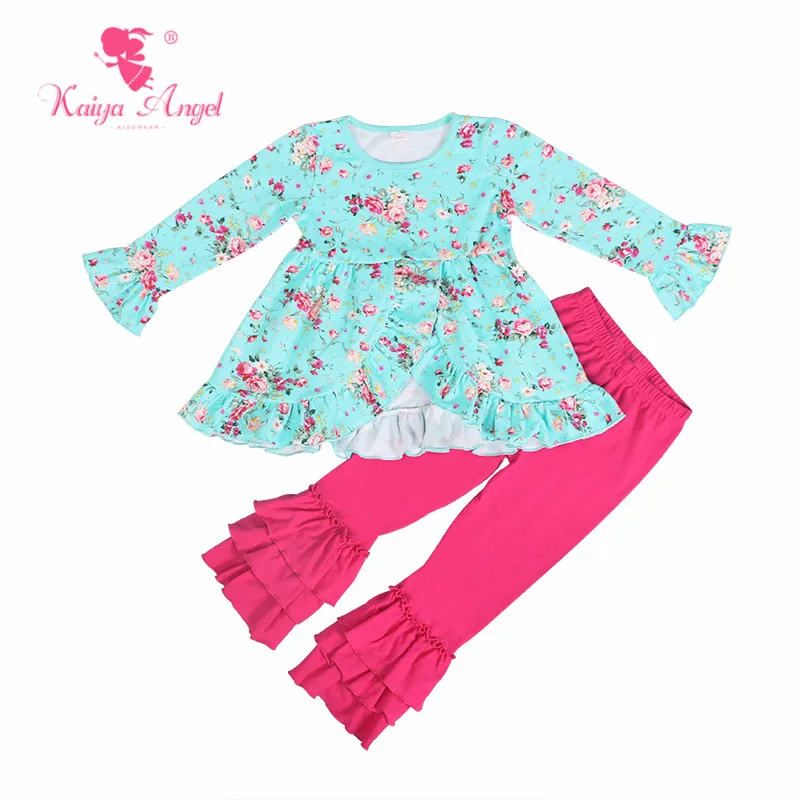 US $81.58 Kaiya Angel Children Cotton Outfit Girls Boutique Rose Floral Clothing With Bell Sleeve Autumn Winter Kids Clothes