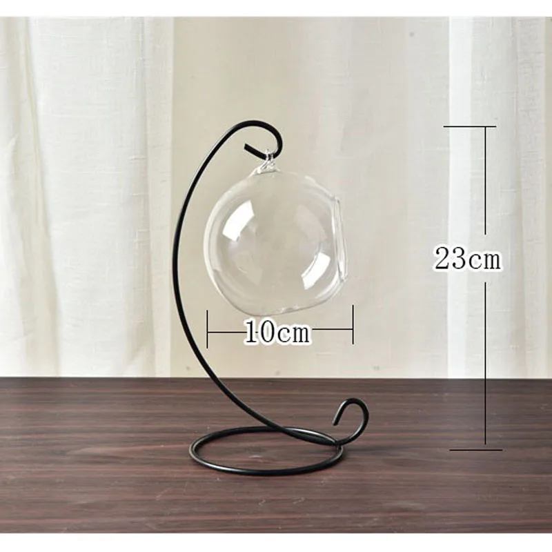 

Clear Ball Shaped Glass Hanging Vase Bottle for Fish Plant Flower with Metal Stand Decoration