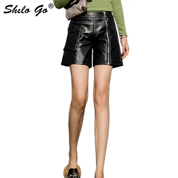 

Streetwear Leather Shorts Women Casual Front Zip High Waist Sheepskin Genuine Leather Wide Leg Shorts Concise Pocket Hot Shorts