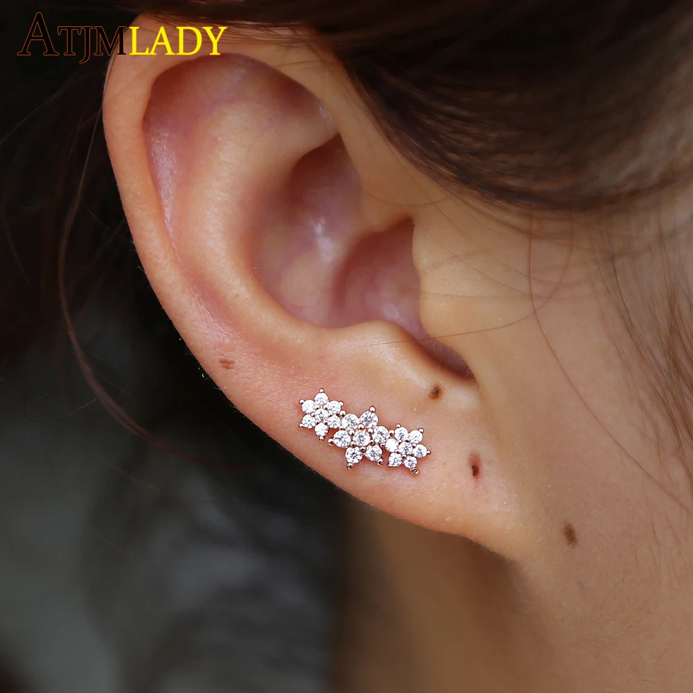 

2018 New delicate girl women ear stud 3 pcs cz flower 925 Silver Stud Earrings delicate dainty Jewelry Tiny Mini Bijoux Gift