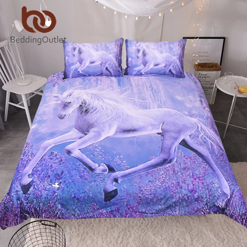 BeddingOutlet Lila Einhorn Bettwäsche Set 3D Gedruckt Quilt Abdeckung Mit Kissenbezüge Floral Scenic Bett Set 3 Stück Home Textilien Günstig