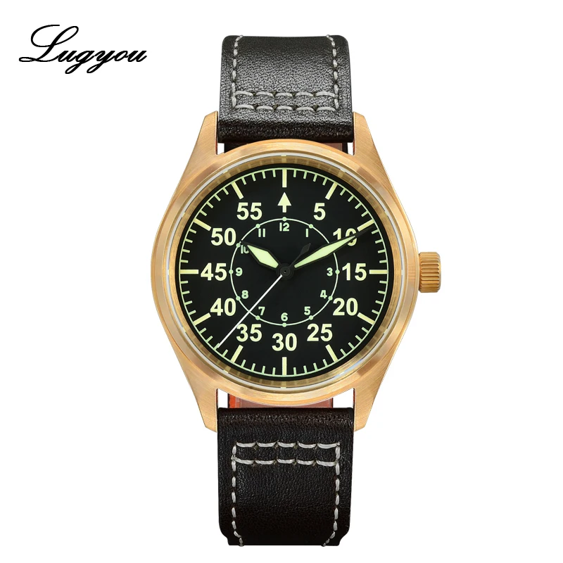 

LUGYOU San Martin Mechanical Automatic Flight Pilot Watch Bronze Vintage Military Army Green Super Luminous NH35 Leather Strap
