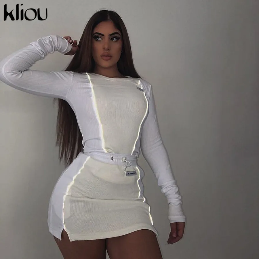 

Kliou women fashion Reflective Striped patchwork two pieces set 2019 white full sleeve crop top bottom skirts outfit tracksuit