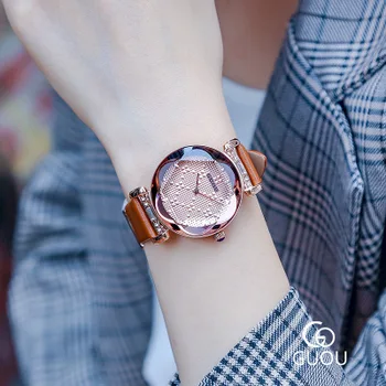

2018 GUOU Fashion Rose Gold Ladies Watch Women Leather Wrist Watches Diamond Luxury Clock Saat Relogio Feminino bayan kol saati