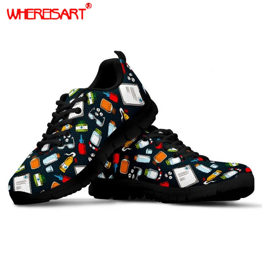 

WHEREISART Nurse Flats for Women Pharmacist Pattern Flat Shoes Ladies Comfortable Lace-up Sneakers Teenagers Beach Mesh Shoes
