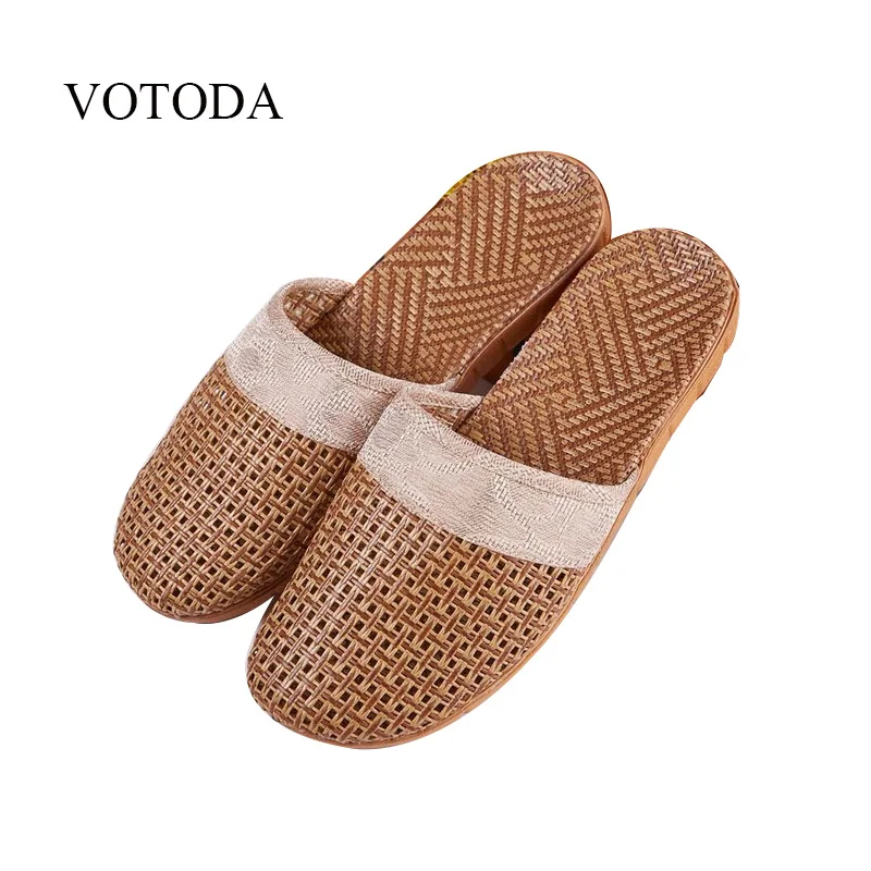 

VOTODA 2019 Summer Men's Natural Rattan Weaving Slippers Couple Casual Travel Lightweight Linen Slides Home Cool Flax Flip Flops