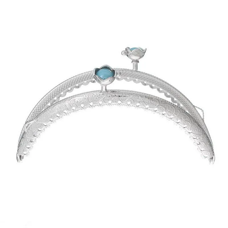 

2Pcs Silver Tone Metal Arch Frame Kiss Clasps Lock Bags Purse Handbags Handle Blue Resin Flowers Head 12.5cm