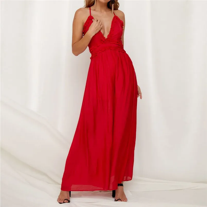 New Fashion Women Summer Sexy  Sleeveless V Neck Solid Ruffle Loose Sling Jumpsuit Elegant Lady Casual Bodysuits Playsuit #4R08 (23)