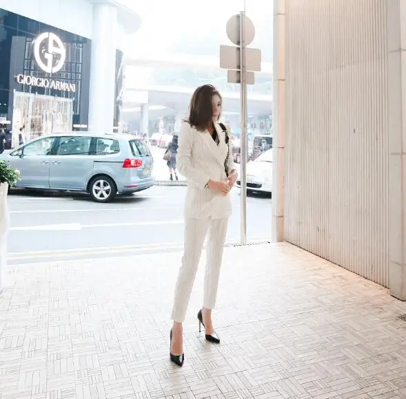 white  Work Pants Suits 2 Piece Sets Office Lady Suits Women Outfits Spring 