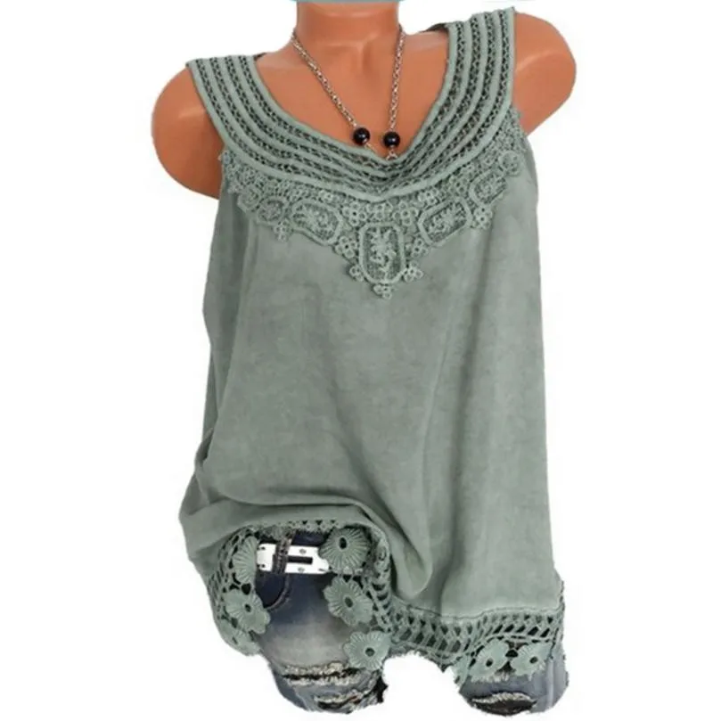 Summer top Plus size 5XL Women O Neck Sleeveless Pure color Lace Vest