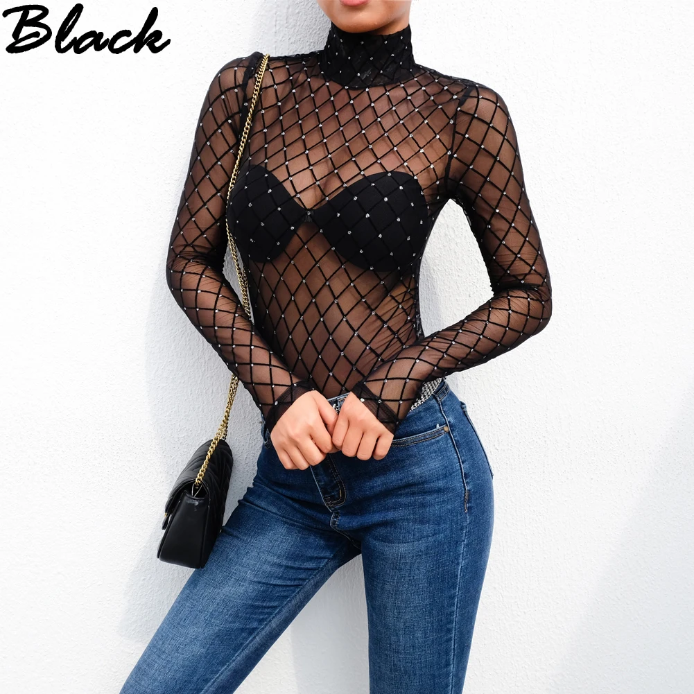 bustier bodysuit New 2019 Women Black Plaid Sheer Mesh Lace Bodysuits Long Sleeve Transparent Top Turtleneck Bodysuit Rompers long sleeve bodysuit