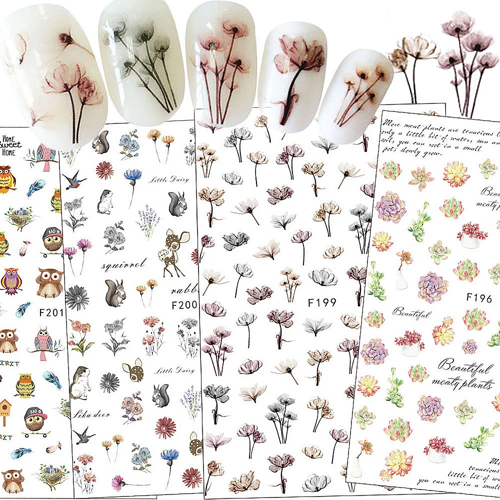 1 лист наклейки для нейл-арта Красочные цветы животные дизайн украшения ногтей DIY 3D клей наклейки для ногтей наклейки Советы CHF95-F204