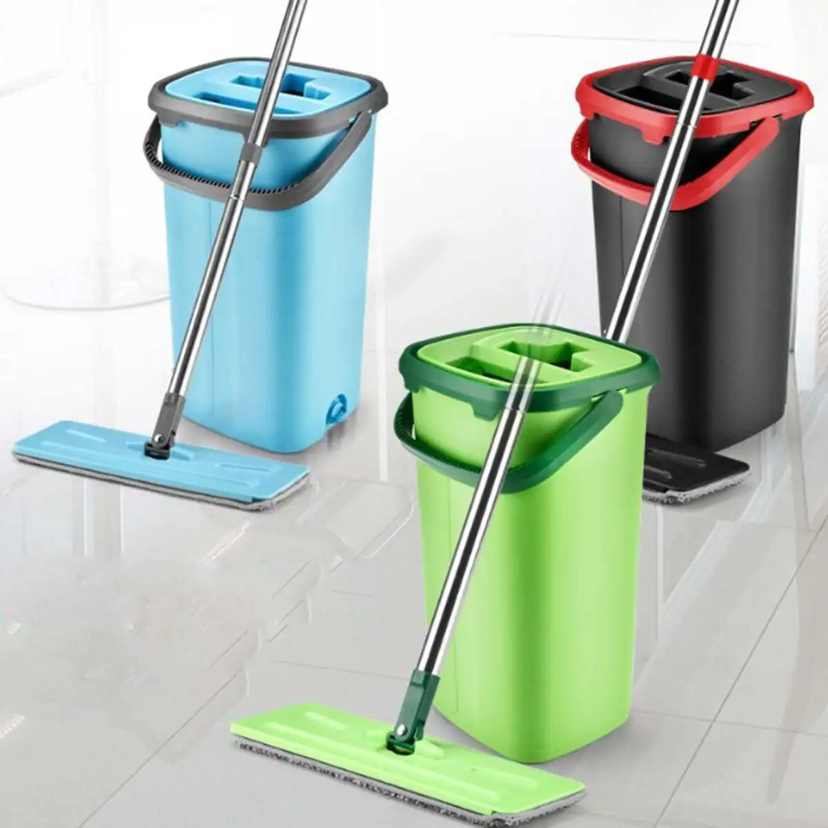 

Flat Squeeze Mop and Bucket Hand Free Wringing Floor Cleaning Mop 360 Degree Microfiber Mop Pads self wet and Dry Cleaning