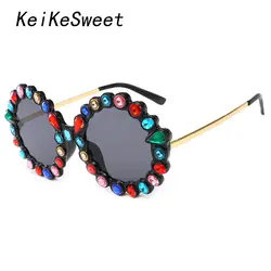 KeiKeSweet Роскошные Брендовая дизайнерская обувь круглый Винтаж солнцезащитные очки со стразами Для женщин большой кристалл лучей UV400 Модные